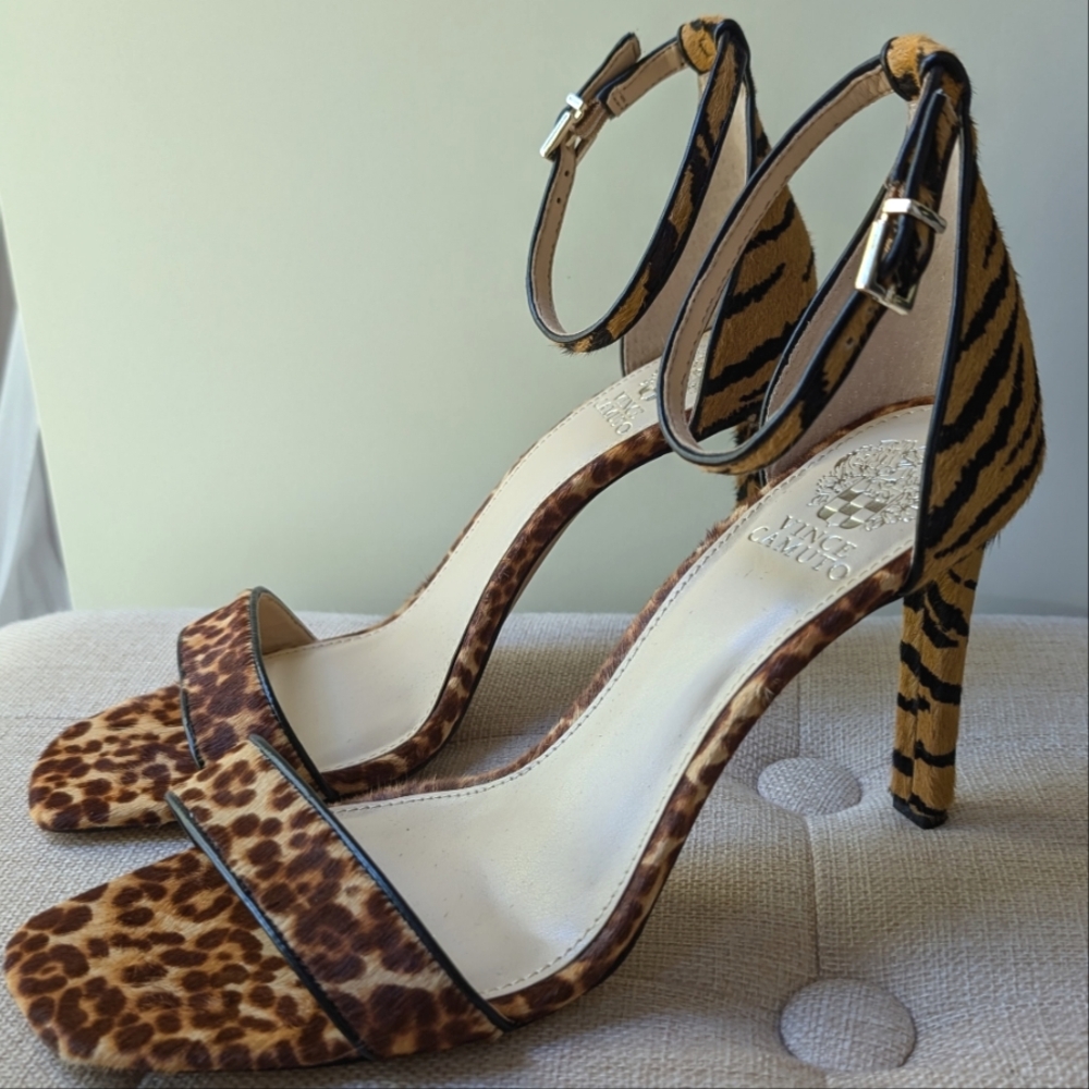 Vince Camuto Leopard & Tiger Print Ankle Strap Heels - Brown, Black